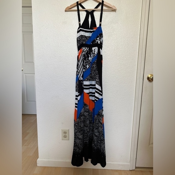 Twelfth St. by Cynthia Vincent Blue Black Orange Abstract Front Cross Maxi Dress - Picture 6 of 10